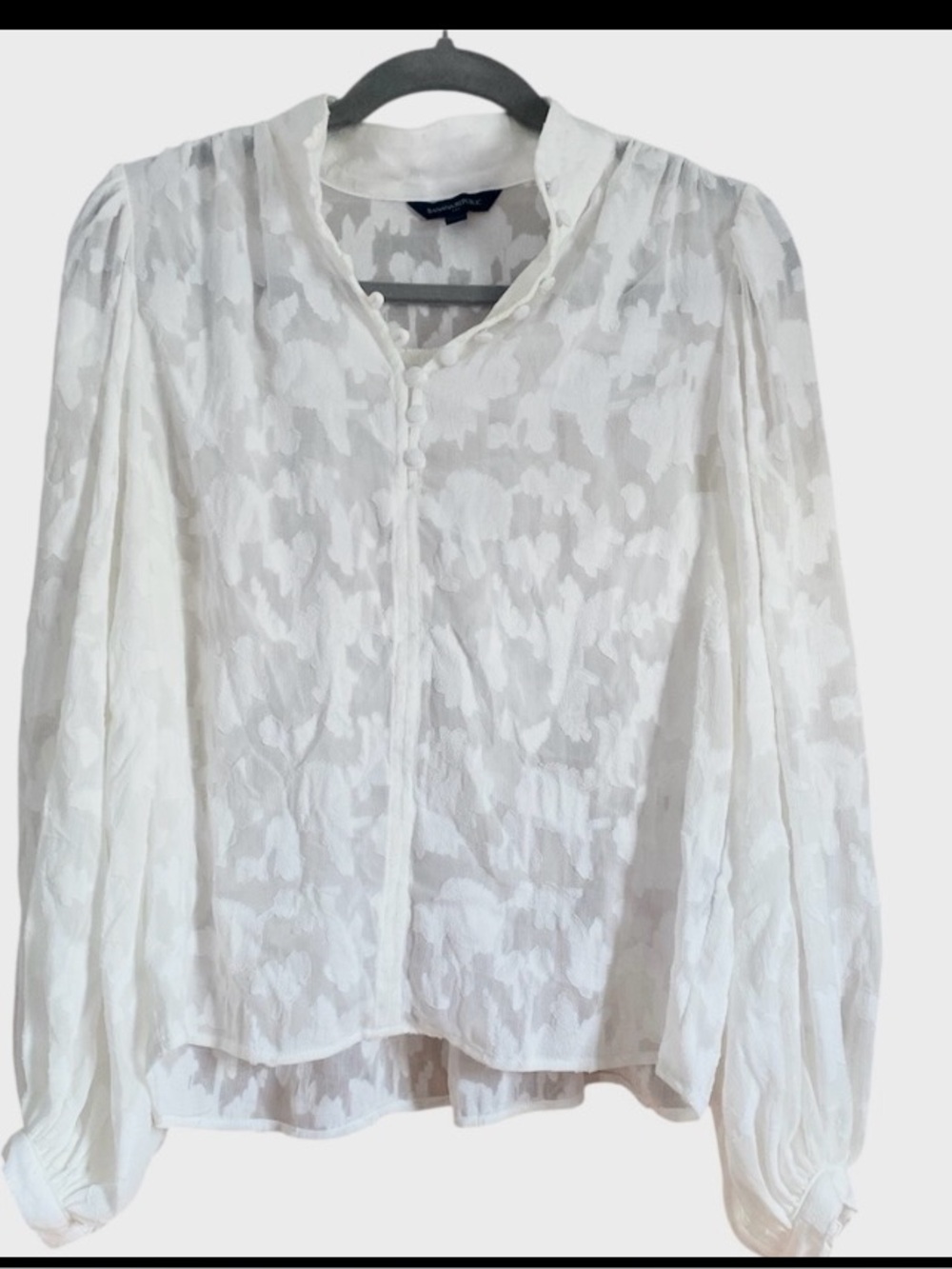 Banana Republic Sheer Floral Blouse Cream Textured High Neck Balloon Sleeve Top